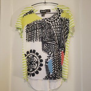 Desigual Lime Green, White & Black Graphic Short Sleeve Blouse